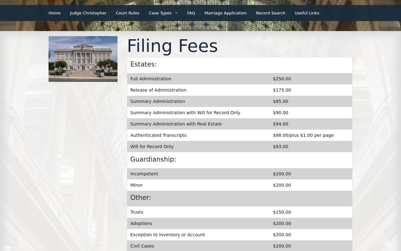 Hardin County case search Probate Court fee information page