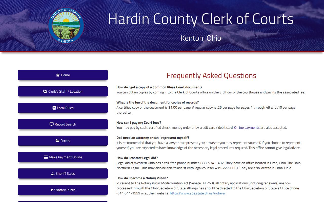 Hardin County civil docket Clerk of Courts copy-fee source