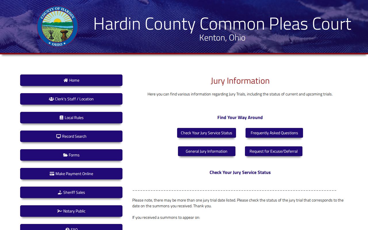 Hardin County court calendar Common Pleas jury status page