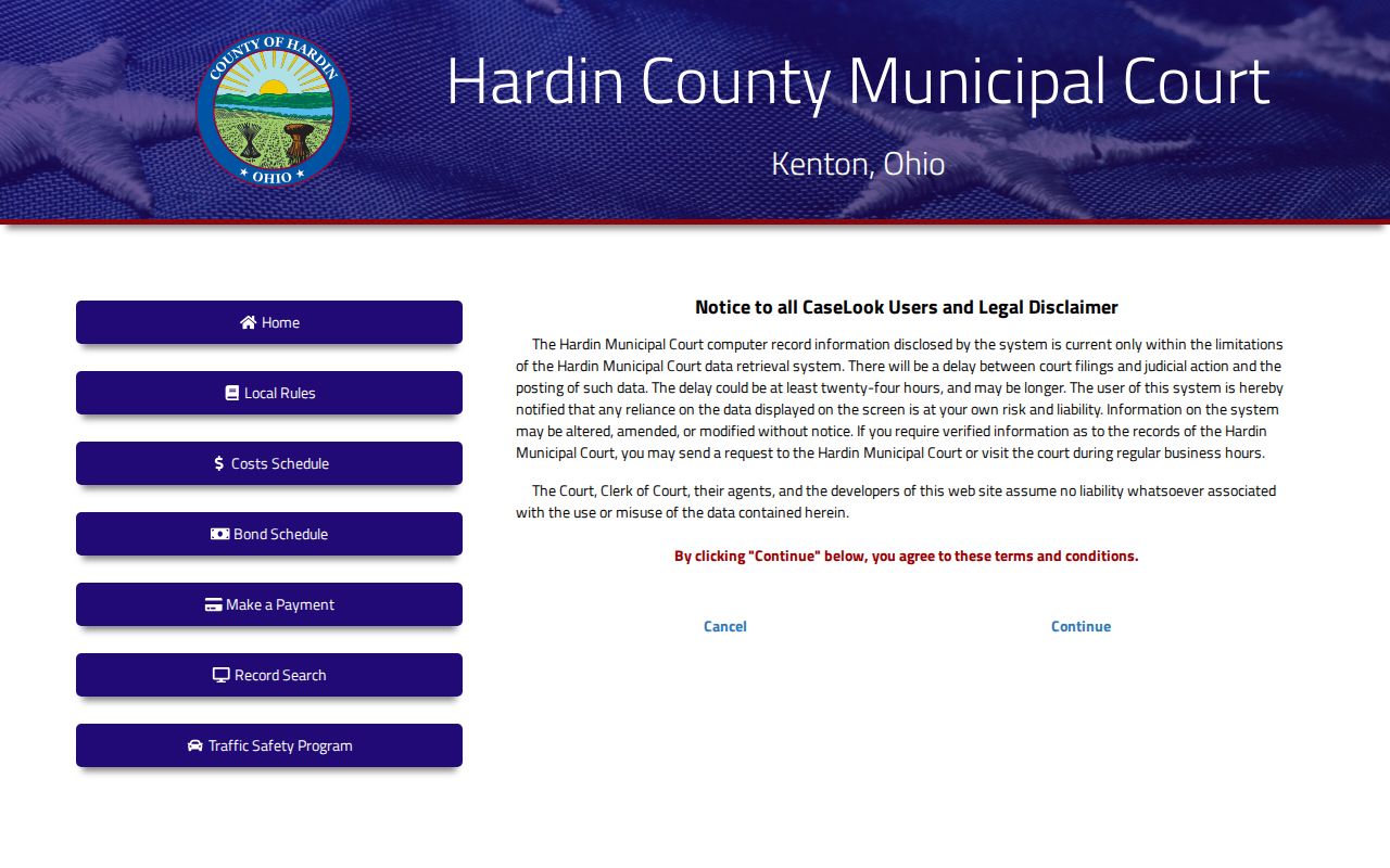 Hardin County court calendar Municipal CaseLook disclaimer gateway