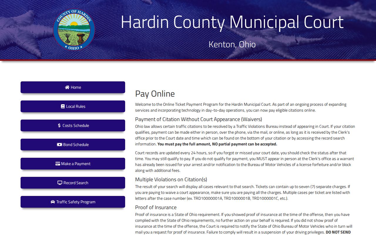 Hardin County traffic court records Municipal waiver payment instructions